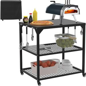 Stainless Steel Pizza Oven Table Cart with Wheels, 3-Shelf Outdoor Grill Stand for Ooni, Blackstone, Ninja Woodfire, Cuisinart and Most Grill  Portable Movable Food Prep Cart & Topping Station (31.5" x 23.6" x 35.4")