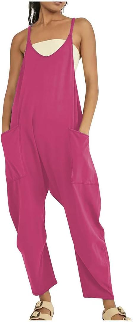 Rompers for Women Casual Summer Jumpsuits Sleeveless Loose Spaghetti Strap Overalls Jumpers (Pink)
