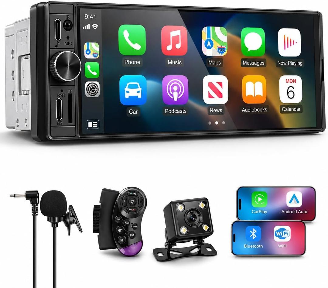 Single Din Radio - Car Stereo with Wireless Apple CarPlay and Android Auto, 6.5” InCell Touchscreen with HD Backup Camera, Mirror Link, Bluetooth 5.2 GPS FM USB & Type-C Fast Charging EQ SWC