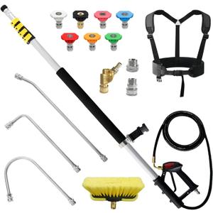 janz 24 FT, Aluminum Telescoping Pressure Washer Wand with 2 Pressure Washer Extension Wands,Gutter Cleaner Attachment, 7 Spray Nozzle Tips, 2 Hose Inlet Adapters, Pivoting Coupler and Support Harness