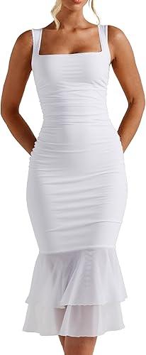Kaximil Women's Sexy Bodycon Ruched Square Neck Midi Dresses Elegant Sleeveless Ruffle Cocktail Party Dress Small