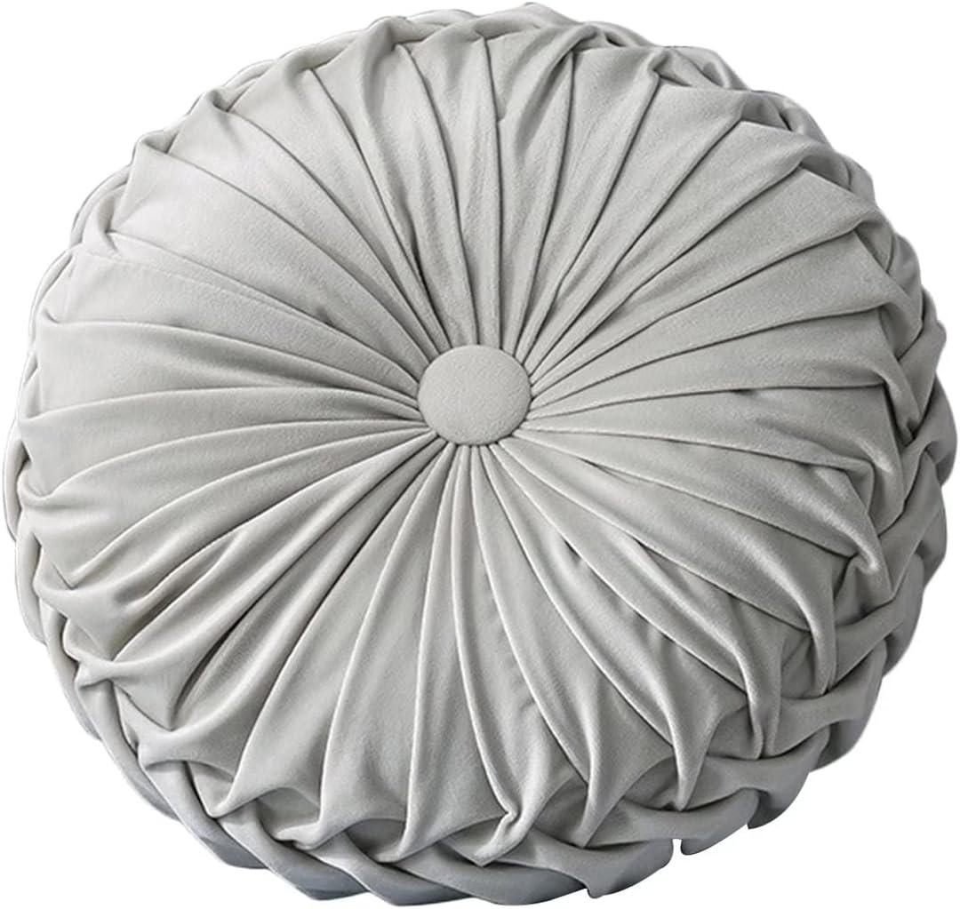 HLOVME Round Velvet Pillow for Couch Small Handmade Decorative Throw Pillow for Bed Bedroom 13.7 Light Grey