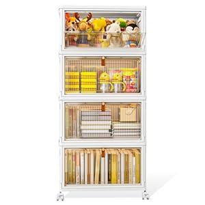 4 Tier Stackable Storage Bins with Lids, 28Qt Plastic Storage Containers with Magnetic Doors & Wheels, Convenient Storage Bins Closet Organizers, Household Organization for Home, Party, Office, Dorm