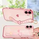 MOWIME for iPhone 16 Case with Strap, Cute Love Heart Pattern for Women Girls Soft Plating Bumper Anti-Scratch Protective Cover with Wrist Band Kickstand Holder, Pink