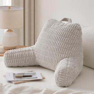 Blissful Diary Reading Pillow, Backrest Pillow with Shredded Memory Foam for Adult & Children, Designed for Bed and Couch Sitting Up, Includes Arms, Pockets and Washable Cover, Light Gray