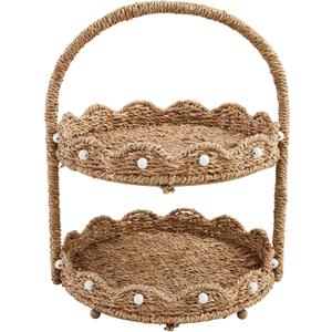 Mud Pie 16" x 11 1/4" Dia Scalloped Woven Tiered Server, Brown