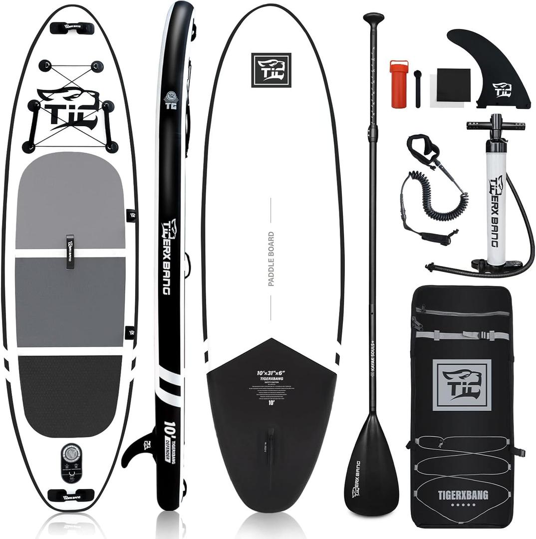 TIGERXBANG Inflatable Stand Up Paddle Boards 10'x 31" x 6" with Premium SUP Board Accessories, Allround Paddle Boards for Adults/ Kids, Defender Collection Black