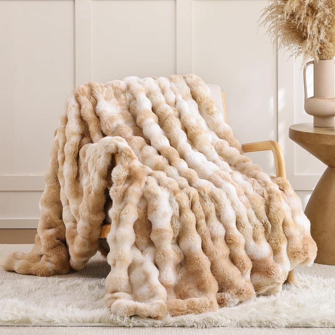 Smoofy Faux Fur Throw Blanket for Couch - Tie-dye Camel Soft Cozy Bubble Blanket, Beige Fluffy Plush Fuzzy Throw for Sofa & Bed, Thick Lightweight Warm Blanket, Luxury Aesthetic Gift for Women 60x80