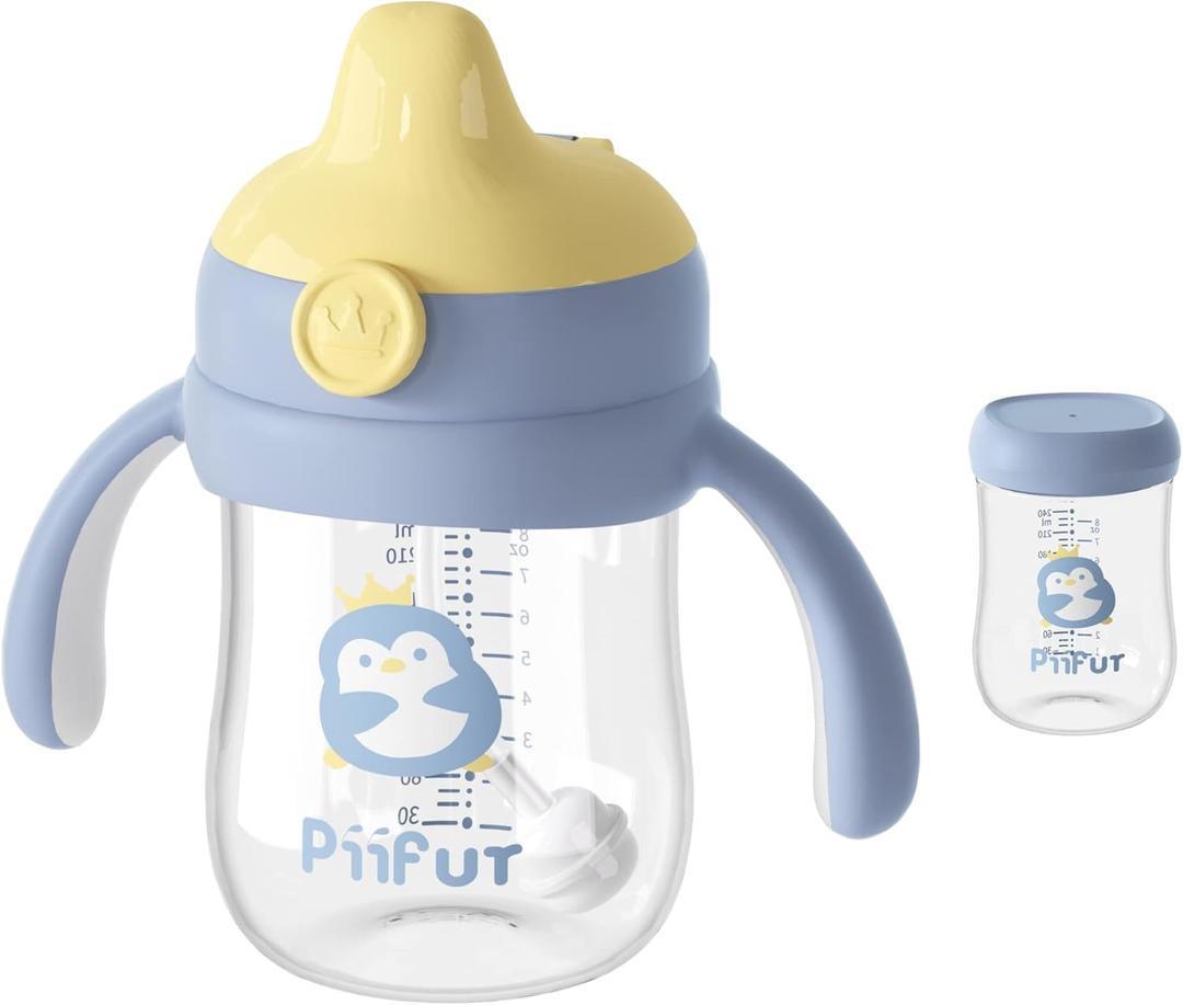Piifur Tritan Sippy Cup with Storage Lid for 6-18 Months Leak Proof, Weighted Straw Learner Cup with Handle for Baby 8 Ounce (Blue)