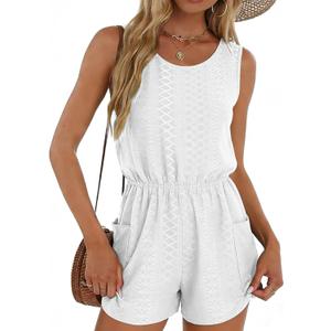 BOMYTAO Womens Sleeveless Romper Eyelet Elastic Waist with Pockets Casual Short Pants Jumpsuit Summer Beach Vacation Outfit (White, L)