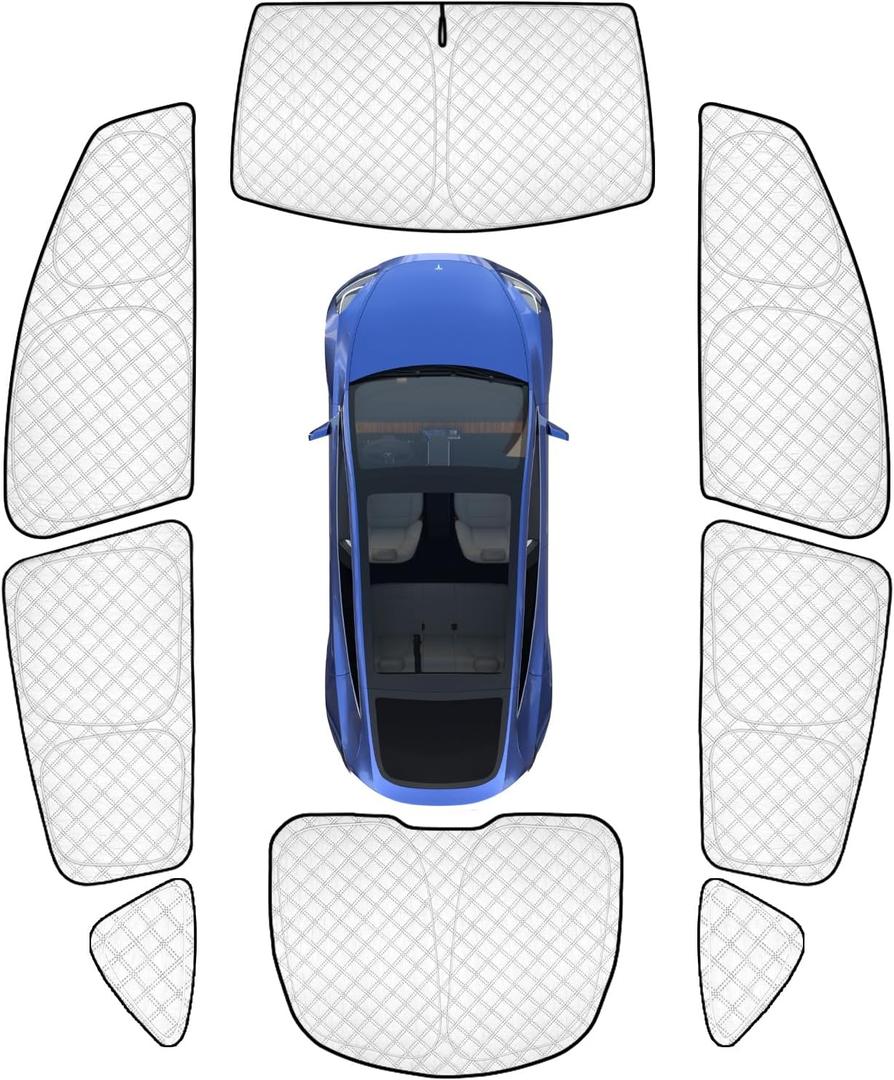 KMF 8pcs Full Thicken Sun Shades for 2025 2026 Tesla Model Y Juniper Accessories, Tesla Y Privacy Car Window Covers for Windshield Side Rear, UV Block and Blackout for Camping Outdoor