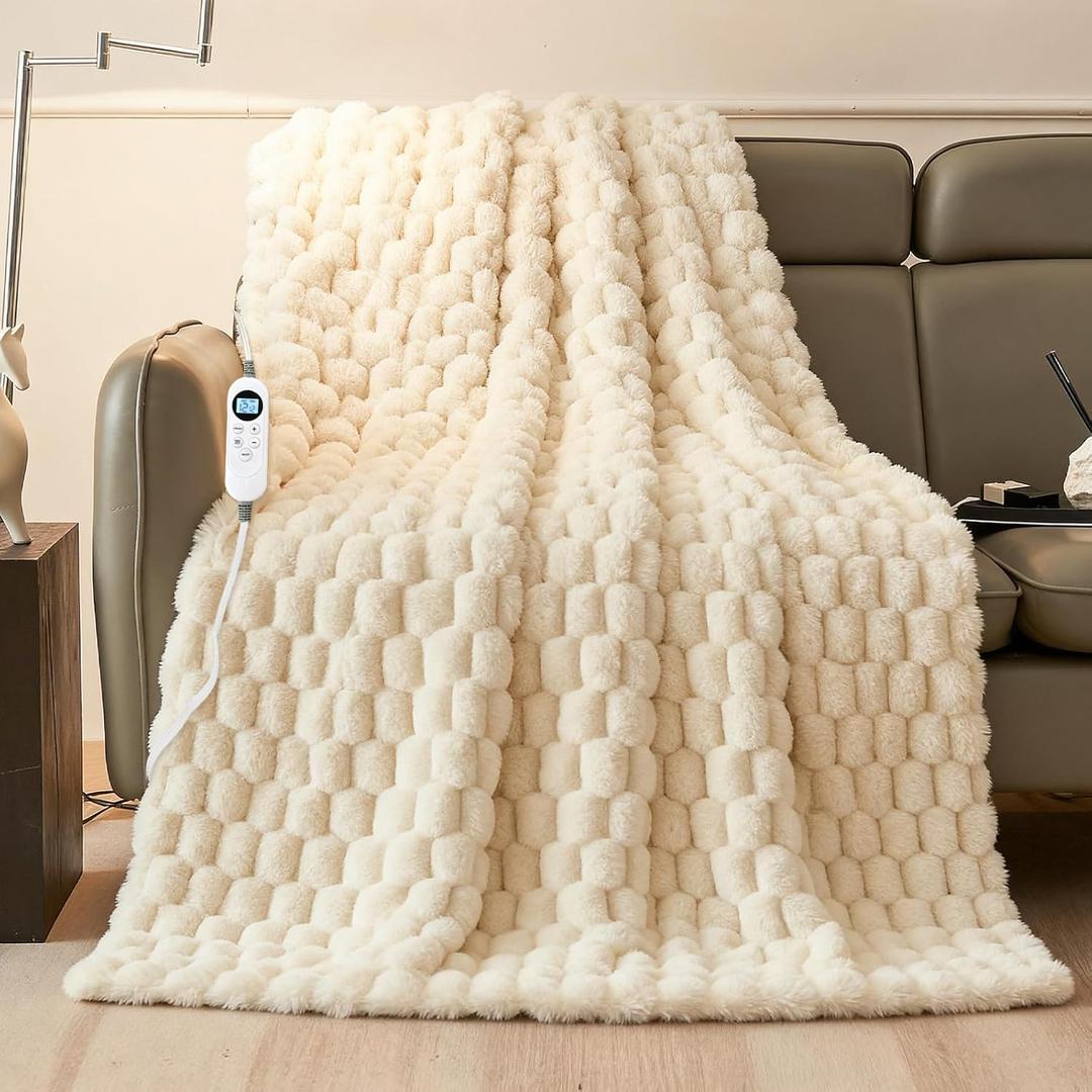 Heated Blanket Throw 50" x 60" Soft Ribbed Faux Fur Flannel Fast Heating 12 Heat Levels 112H Timer & Overheat Protection & Auto Shut-Off & ETL FCC & Machine Washable Heated Throw (White)