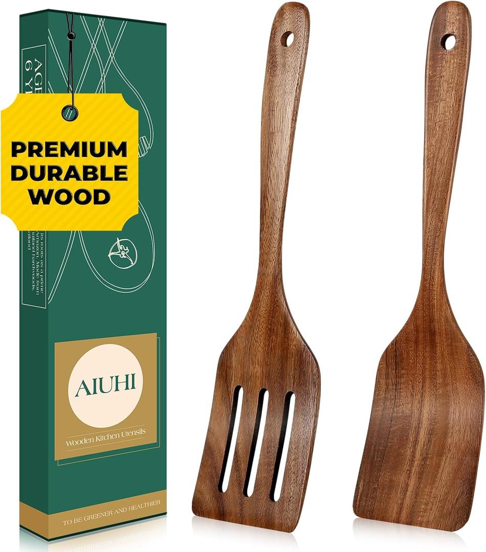 AIUHI Teak Wood Spatula for Cooking, Durable Flat Turner and Slotted Spatula for Nonstick Cookware, Long Handle Natural Wooden Cooking Utensils 2 Pieces
