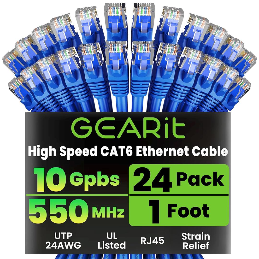 GEARit Cat 6 Patch Cables 1 ft Blue (24-Pack Cat6 Ethernet Patch Cables 1ft), Cat 6 High Speed 24AWG 10Gbps RJ45 Snagless Gold-Plated, Ethernet Cable for Router, Switch, PC, PS5 Gaming, Server