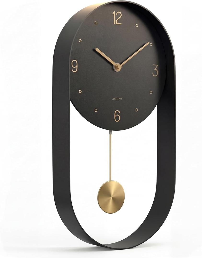 Driini Modern Pendulum Wall Clock - Black and Gold Decorative Wall Clock with Pendulum - Modern Minimalist Metal Wall Clock for Living Room Dcor - Silent Battery Operated Wall Clock