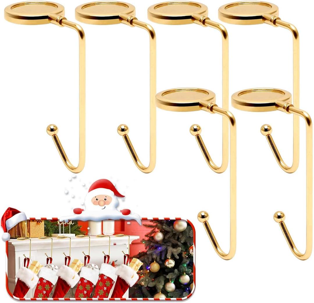 Christmas Mantle Stocking Holders Set of 6 - Upgrade Non-Slip Fireplace Hangers, Lightweight Metal Hooks for Christmas Party Decoration (Gold)