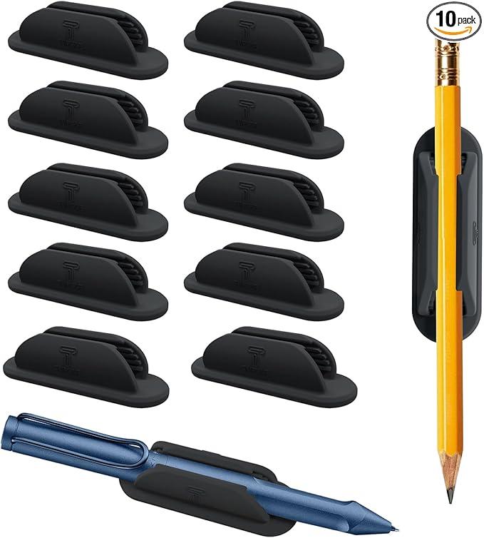 VILLCASE 10pcs Self-adhesive Pen Holder Clip for Desk Portable Pencil Organizer for Home Office Wall-mounted Writing Instrument Storage, Black