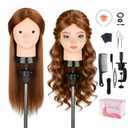 Mannequin Head with 80% Human Hair, TopDirect 24" Brown Real Hair Cosmetology Mannequin Head Hair Styling Hairdressing Practice Training Doll Heads with Clamp Holder and Tools