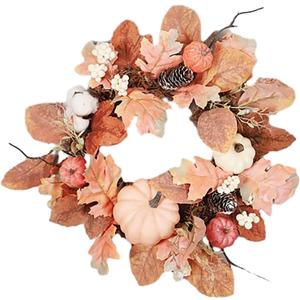 Artificial Wreaths for Front Door, Burnt Orange Fall Wreath with Pumpkin and Leaves Silk Fall Flowers Arrangements for Thanksgiving Farmhouse Table Centerpieces Decorations