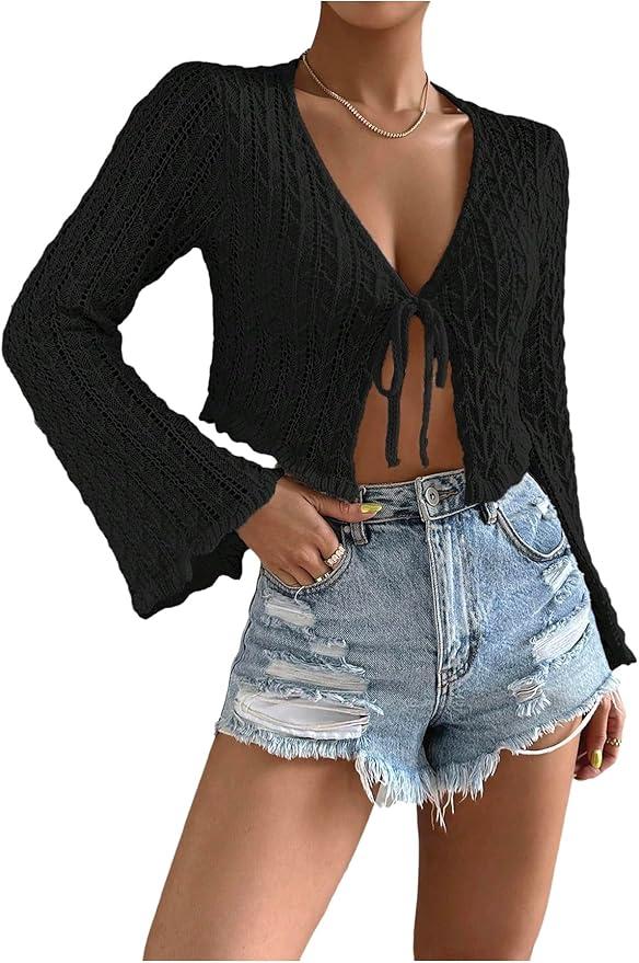 Floerns Women's Scallop Trim Trumpet Long Sleeve Tie Front Cardigan Crop Top, M
