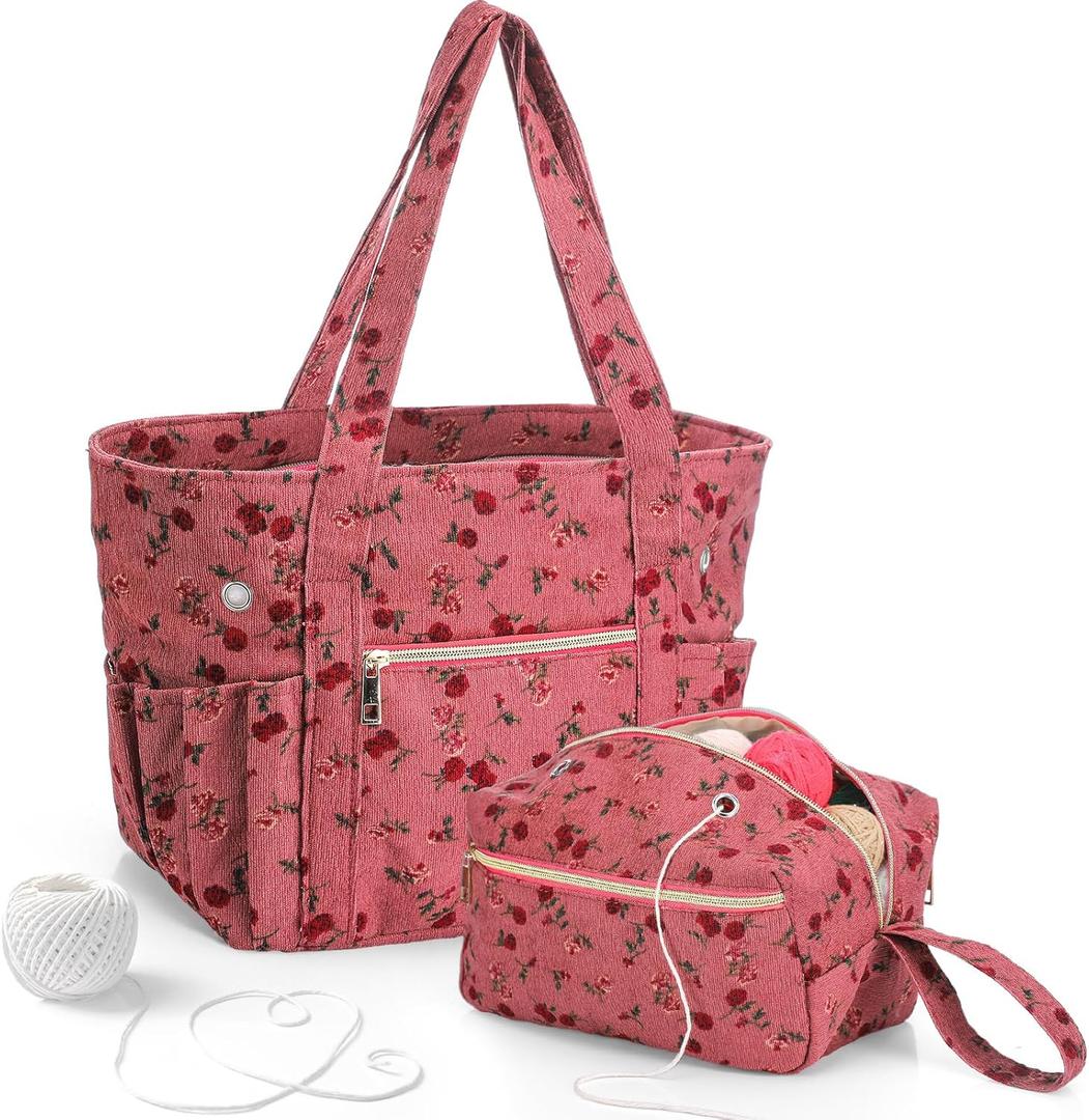 2 Pcs Crochet Bag and Tote Set Corduroy Yarn Holder Crochet Tote Bag for Hooks Vintage Flowers Organizer Yarn Holder for Ideal Birthday Mother's Day Gift Knitting Lovers Accessories