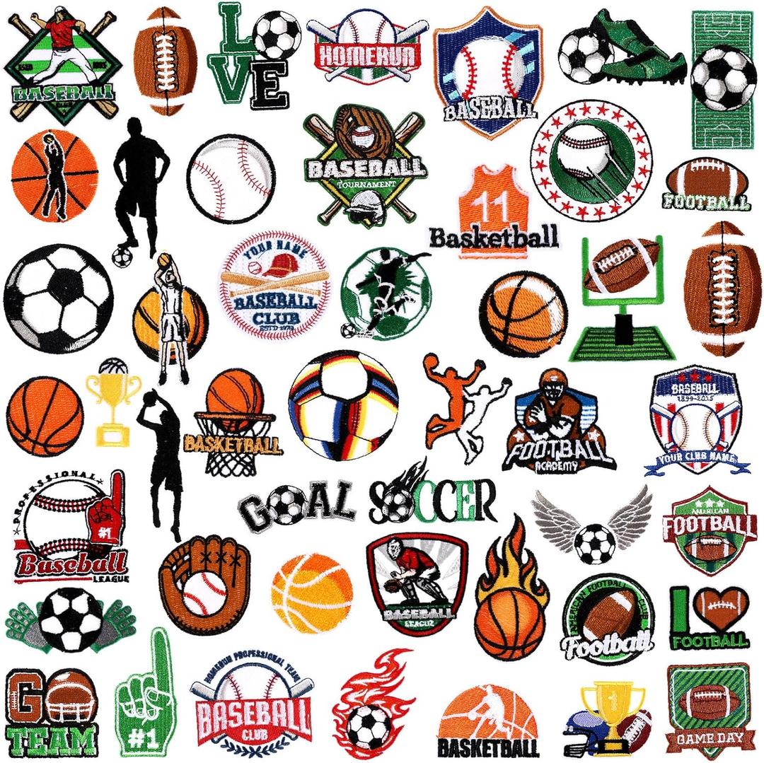 Tigeen 48 Pcs Sports Iron on Patches Soccer Football Baseball Basketball Embroidery Applique Patches for Hats Clothes Jackets Jeans Dress Backpacks Bags Accessory(Sports)