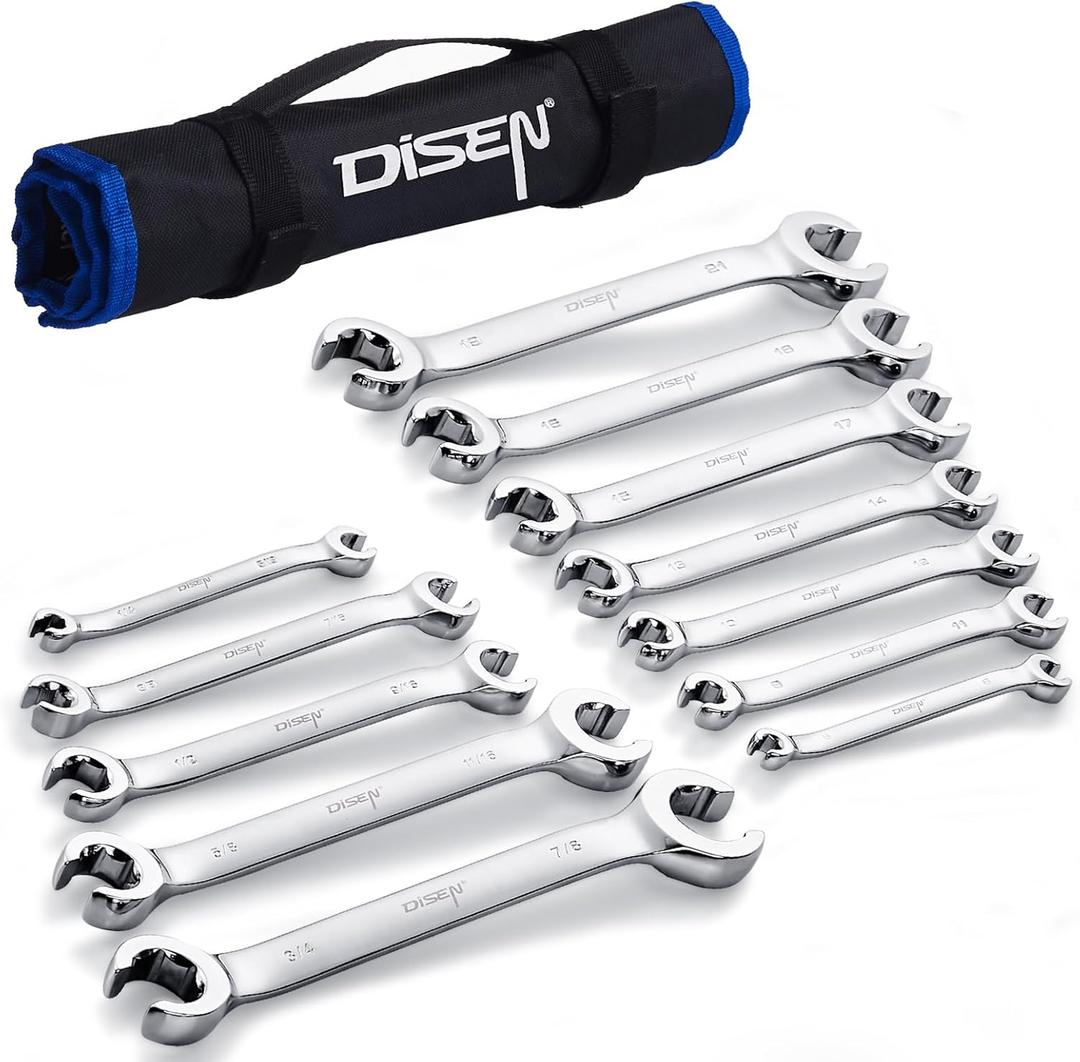 DISEN Flare Nut Wrench Set Metric and SAE 12-Piece Inch1/4 to 7/8" & 6-21mm, CR-V Steel Brake Line Wrench Set with Organizer Pouch,Father's Gift (12 Pcs)