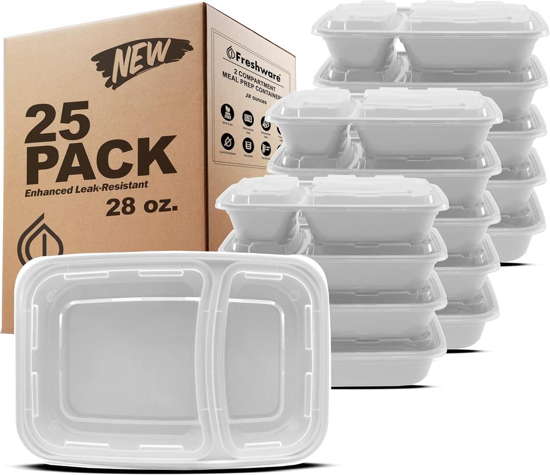 Freshware Meal Prep Containers [25 Pack] 2 Compartment with Lids, Food Storage Containers, Bento Box, BPA Free, Stackable, Microwave/Dishwasher/Freezer Safe (28 oz) Grey