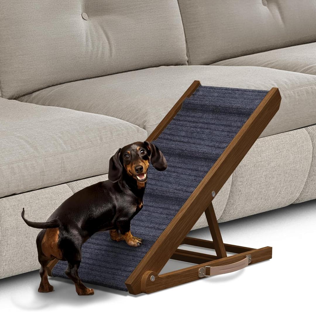 Adjustable Dog Ramp for Bed - Foldable Wooden Ramp for Dogs to Get on Bed, Couch, or Car with 12.6" Wide Walking Space (Walnut Wood with Gray Carpet, Small)