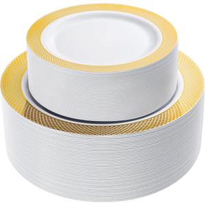 I00000 102 Pcs Gold Plastic Plates, Disposable Party Plates Include 51 Gold Dinner Plate 10.25 and 51 Disposable Dessert Plate 7.5 Perfect for Party & Wedding