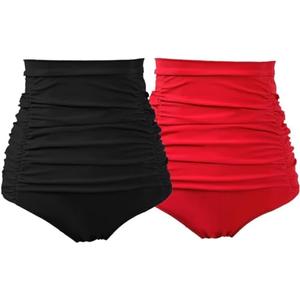 COCOPEAR Women's Ruched High Waisted Bikini Bottom Retro Vintage Swim Short Tankinis (Pack of 2) Black+Red L/8-10