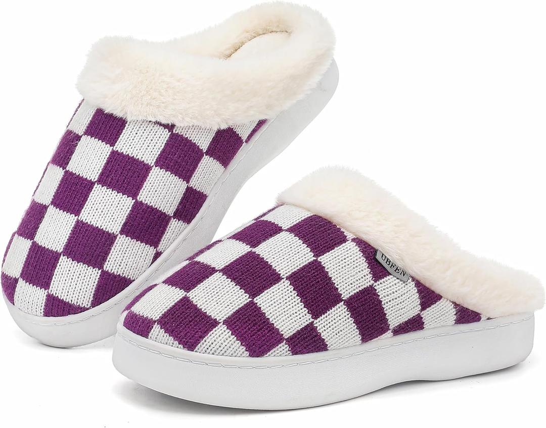 UBFEN Womens Slippers Classic Plaid Winter Warm with Memory Foam Fluffy House Shoes Platform Indoor Bedroom (9-10, B-white Purple)
