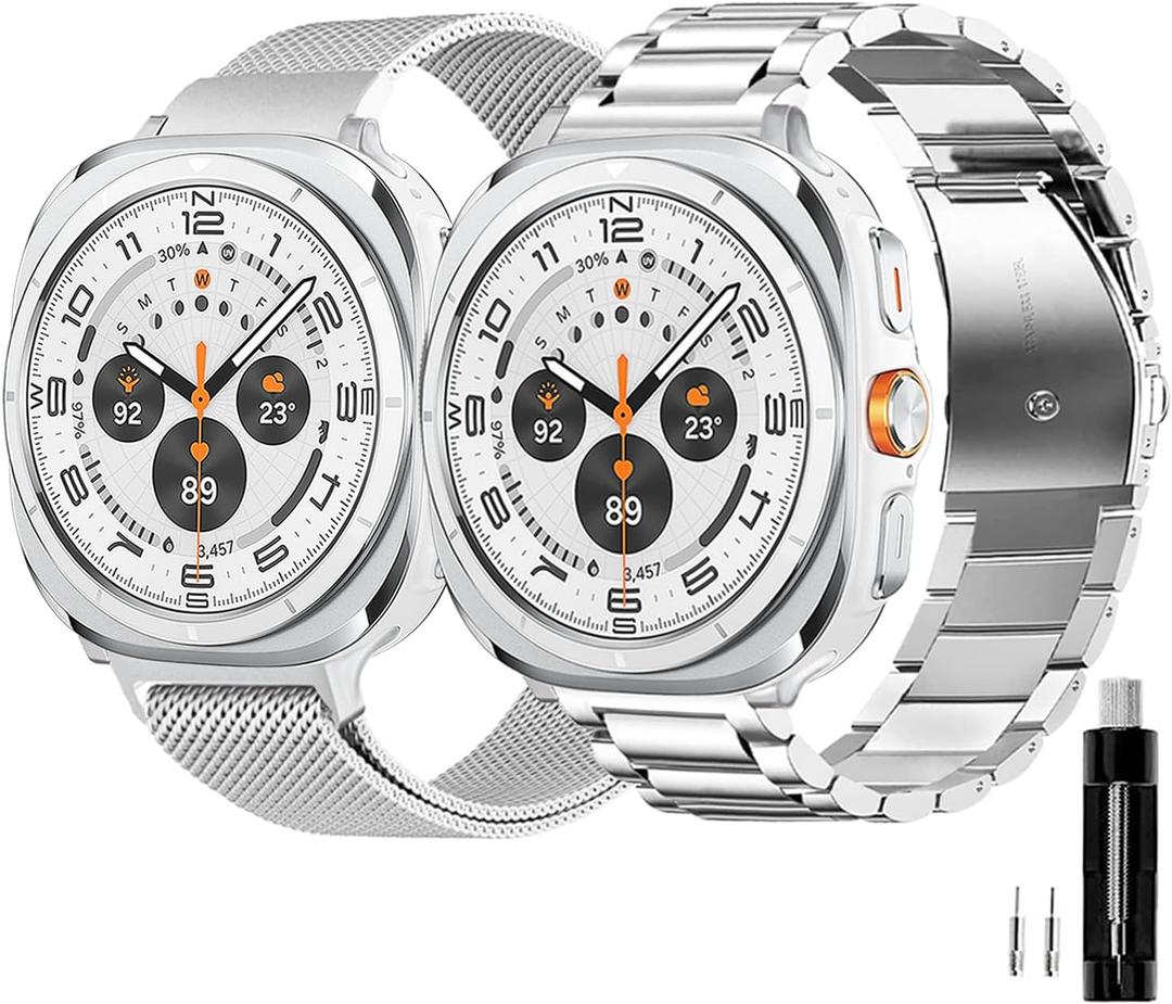 GOLDTOLUCK Compatible with Samsung Galaxy Watch 7 Band Ultra 47mm (2024) Men Women Milanese Mesh Magnetic Classy Elegant Casual Business Metal Stainless Steel (Galaxy Ultra 47mm, Silver&Silver)