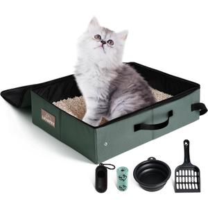 Upgrade Portable Litter Box with Lid, Leak-Proof Collapsible Cat Litter Box Great for Travel Hotel Stays and Road Trip 18x14x5.5 Inches (Large, olive gray)