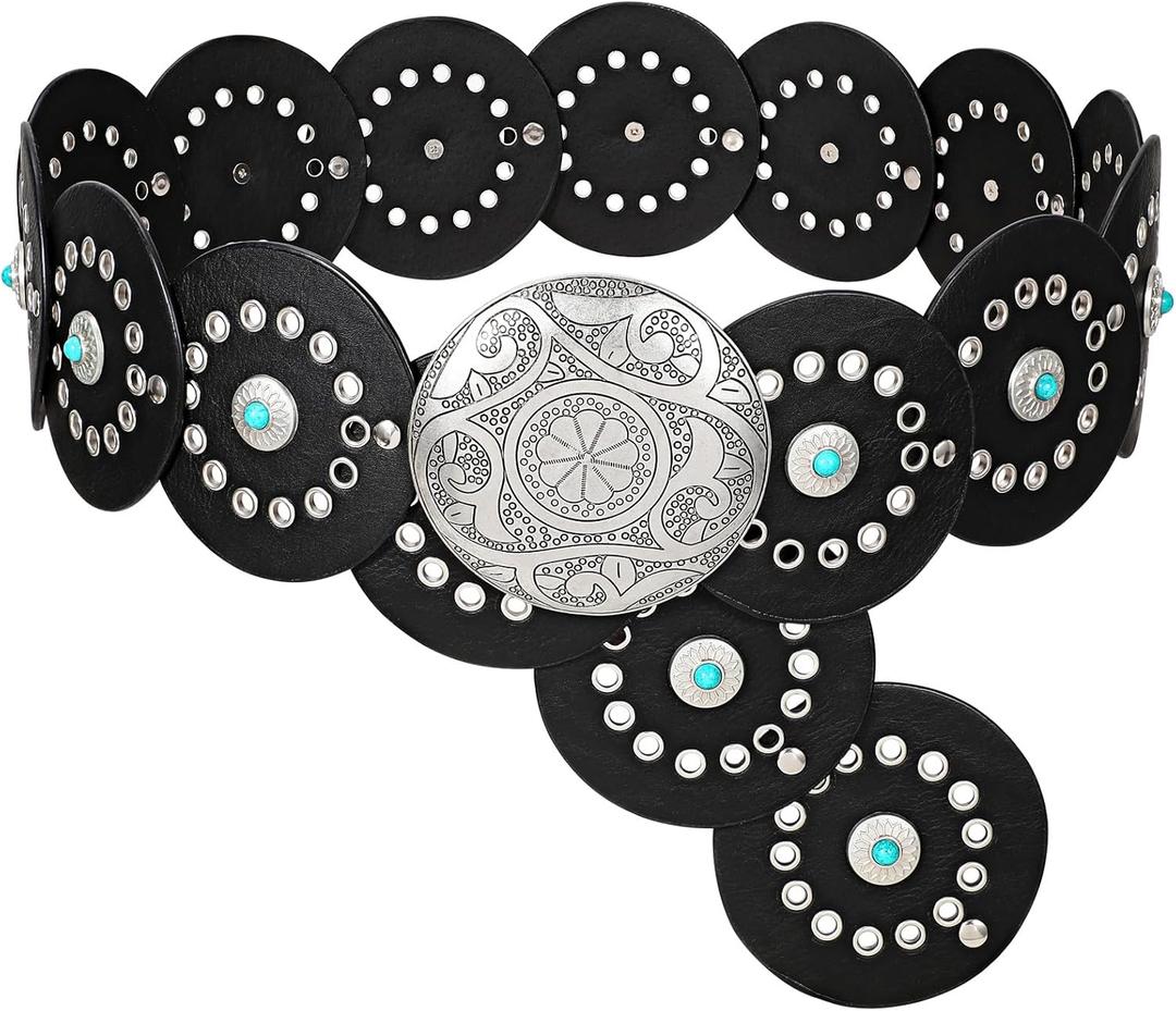XZQTIVE Western PU Leather Belts for Woman Concho Cowgirl Cowboy Disc Belt for Ladies Wide Boho Country Waist Belts for Dress (Fit waist size up to 51''(no hang length), Black(silver Buckle))