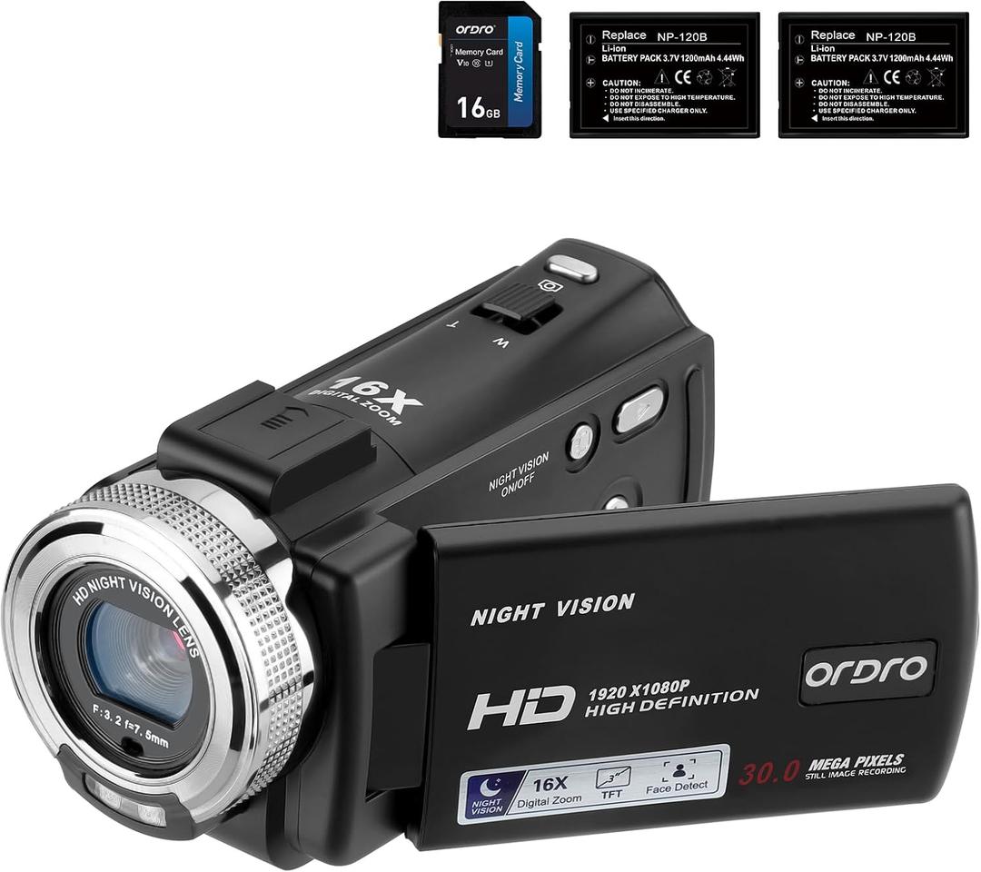 ORDRO HDV-V12 Video Camera Full HD Camcorder Digital Recorder | 1080P 30FPS 30MP | 3.0 Inch Rotation LCD | 16X Digital Zoom | Infrared Night Vision - Black (V12+16GB Card)