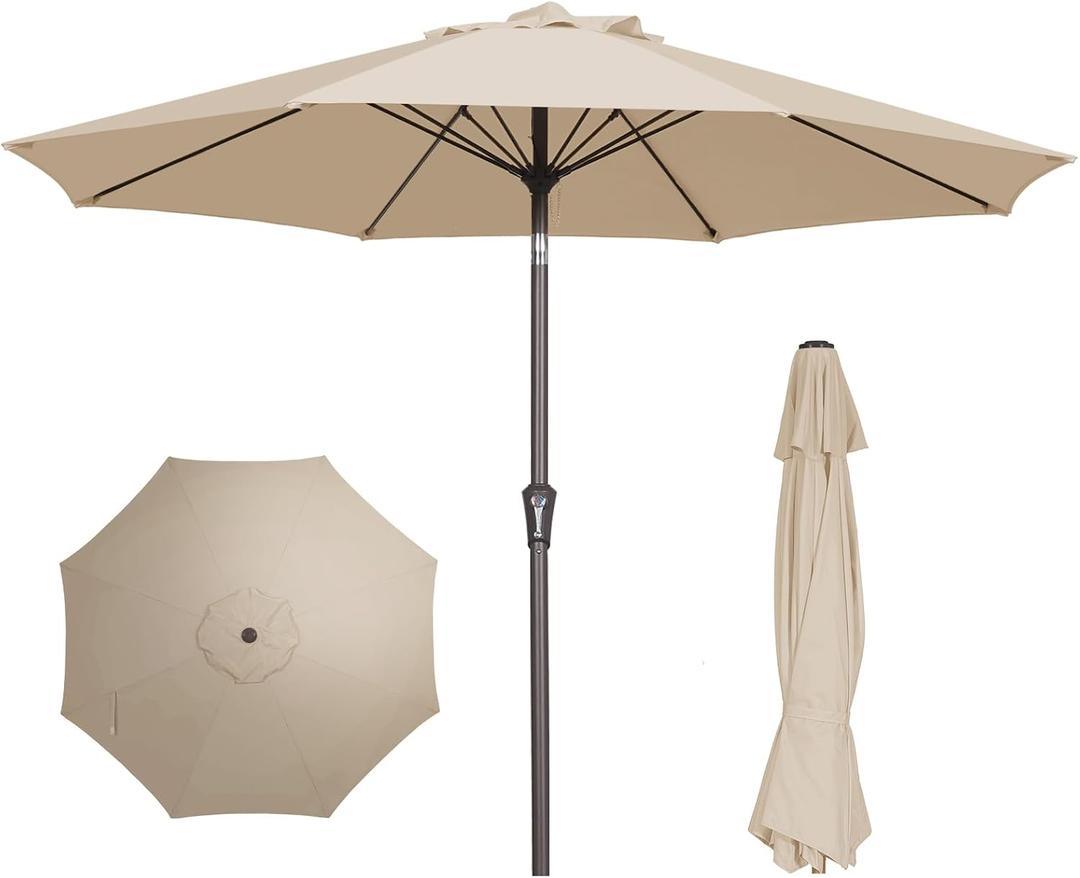 PatioKingdom 9FT Patio Outdoor Umbrella-UPF 50+ Sun Shade with Wind Vent, Push-Button Tilt & Smooth Crank Lift, Rust-Resistant Fiberglass Frame for Garden, Backyard,Yard (Beige)