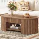 FATORRI Oval Coffee Table with Fluted Wood Panels, Mid-Century Modern Center Table with Storage Drawer and Open Shelf, Walnut Cocktail Table for Living Room, Bedroom, Home Office, 43 Inch