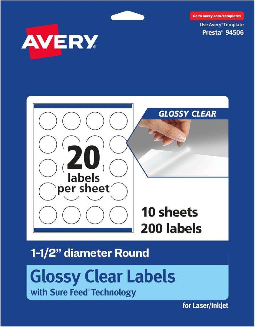 Avery Glossy Clear Round Labels with Sure Feed, 1.5" Diameter, 200 Glossy Clear Labels, Print-to-The-Edge, Laser/Inkjet Printable