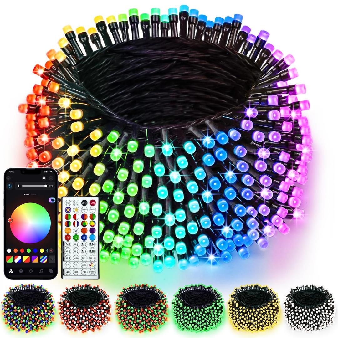 Smart Color Changing Christmas Lights with Remote & APP,208FT 600 LED RGB Dimmable Christmas String Lights, Waterproof Fairy Twinkle Light for Indoor Outdoor Xmas Tree Wedding Holiday Decorations