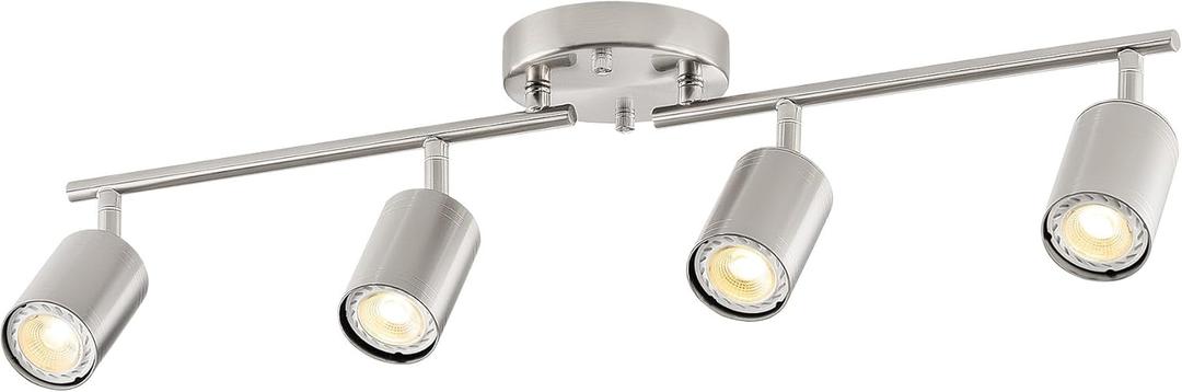 VONLUCE 4 Light Track Light Fixture, LED Track Lighting Kit with Rotatable Track Heads, 3-Color GU10 Bulbs Included, Modern Ceiling Spotlight for Kitchen, Office, Closet, Studio Bedroom, Nickel