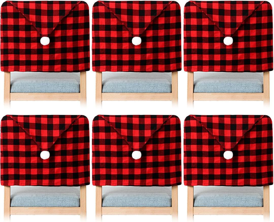Queekay 6 Pieces Christmas Chair Back Covers Santa Hat Buffalo Plaid Christmas Dining Chair Protector Elastic Gingham Cover for Dining Kitchen(Black Red)