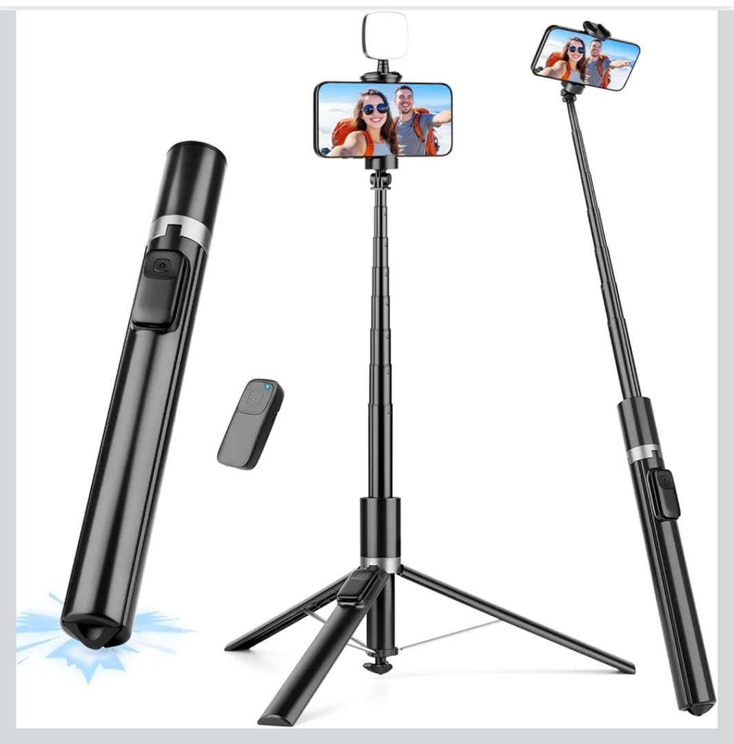 Phone Tripod & Selfie Stick with Remote and Fill Light, Auto Open Cell Phone Tripod Stand, Extendable Phone Stand for Video Recording, Travel, Vlogging, Compatible with iPhone/Android, Black