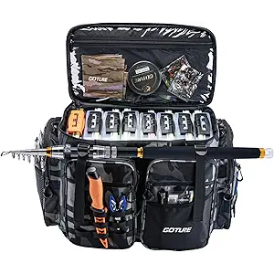 Goture Large Tackle Bag,Store Up to 8PCS 3700 Plus 4PCS 3600 Tackle Trays,Water Resistant Saltwater Gear Big Fishing Bag with EVA Bottom,Fishing Gifts for Men,(21.65"x11.8"x15.16")-Camo