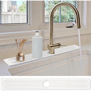 Stone Faucet Mat for Kitchen Sink- 23.6''x 3.9''Diatomite Fast-Drying Faucet Mat, Super Water Absorbing Stone Tray for Sink,Faucet Splash Guard for Bathroom Counter (White)