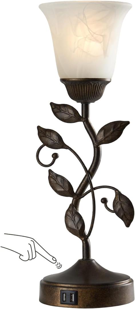 RORIANO Touch Bedside Table Lamp, Vintage Nightstand Lamp with 2 USB Ports for Living Room, 3 Way Dimmable Leaf Lamp Retro Table Lamp for Bedroom with White Glass Shade, LED Bulb Included (1 Pack - Brass)