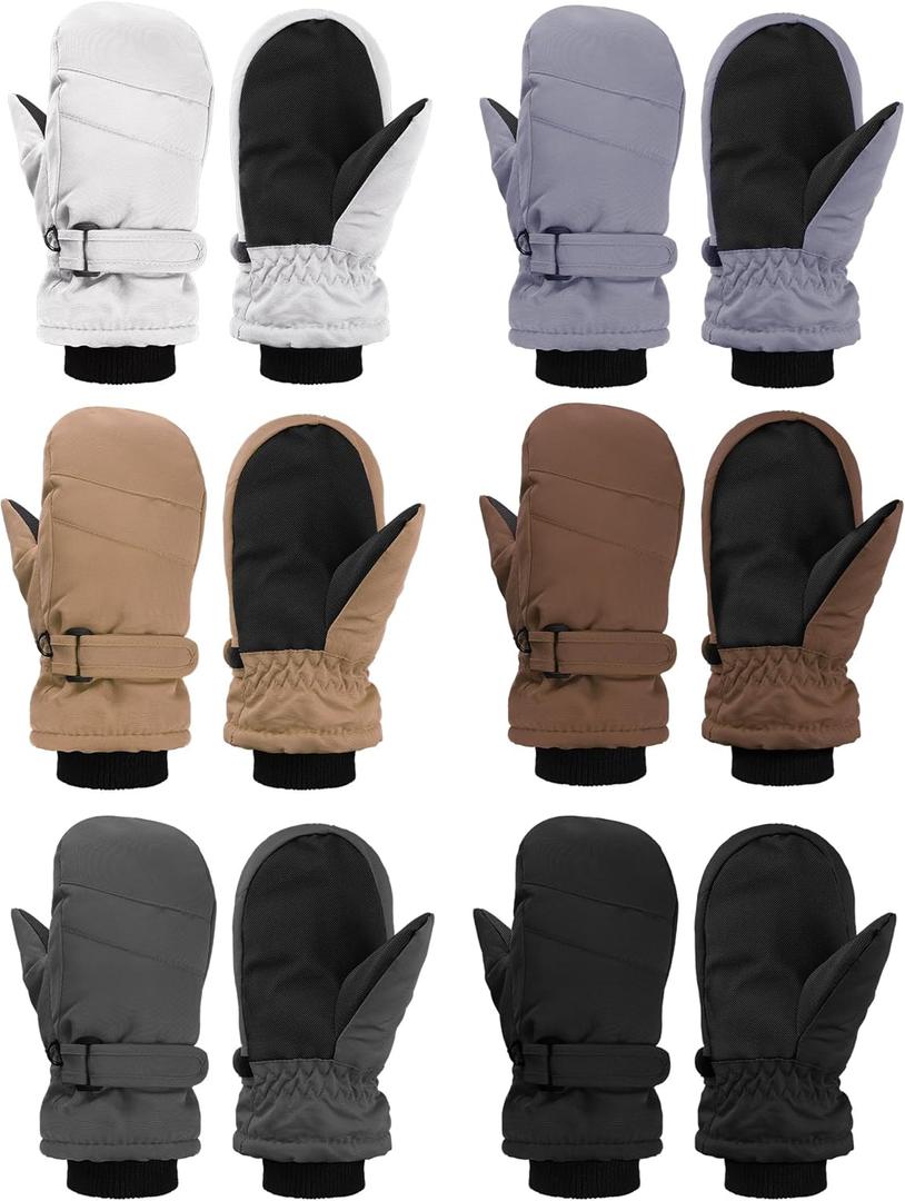 Newcotte 6 Pairs Winter Ski Mittens Kids Waterproof Warm Snow Gloves for Boys Girls Cold Weather Outdoor Activities (5-8 Years, White, Light Gray, Light Brown, Brown, Dark Gray, Black)