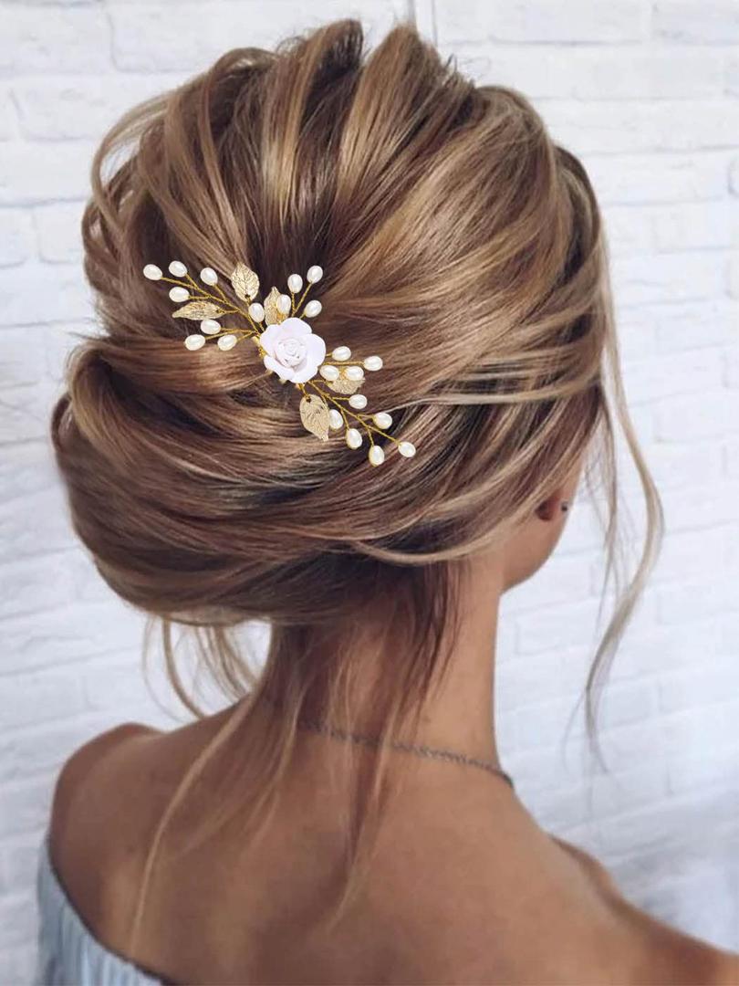 Gorais Flower Bride Wedding Hair Comb Pearl Bridal Hair Pieces Leaf Hair Accessories for Women and Girls (b-gold)