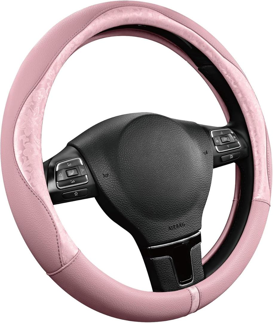 PIC AUTO Steering Wheel Cover, Pink Patterned Leather Patchwork Design, Universal Fit 14.5"15.5", Anti-Slip, Odor-Free, Soft PU Grain Leather, Durable Grip Car Accessory for Girls & Women