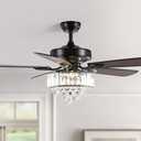 52 Inch Crystal Ceiling Fan with Lights and Remote Modern Black Chandelier Fan for Bedroom 5 Reversible Wood Blades Silent DC Motor Fandelier Ceiling Fans for Living Room Dining Room